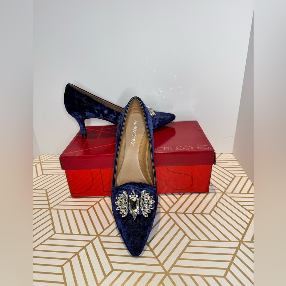 AEROSOLES Women's Navy Macrame Heel Loafer hybrid with memory foam footbed